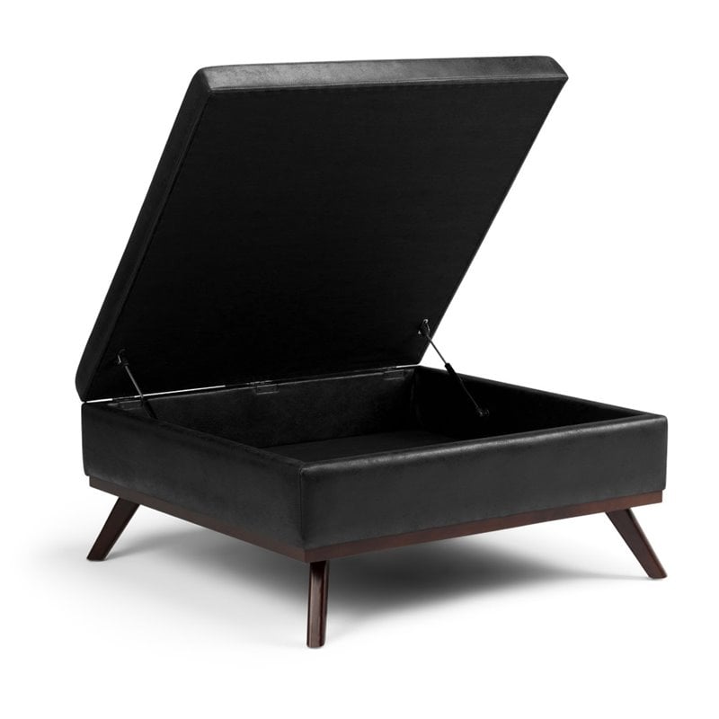 Pemberly Row Faux Air Leather Square Coffee Table Ottoman in Black