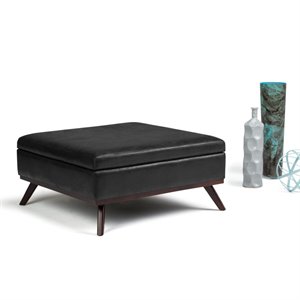 Pemberly Row Faux Air Leather Square Coffee Table Ottoman in Black