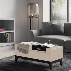 Pemberly Row 42&quot Storage Ottoman with Tray in Satin Cream Faux Leather