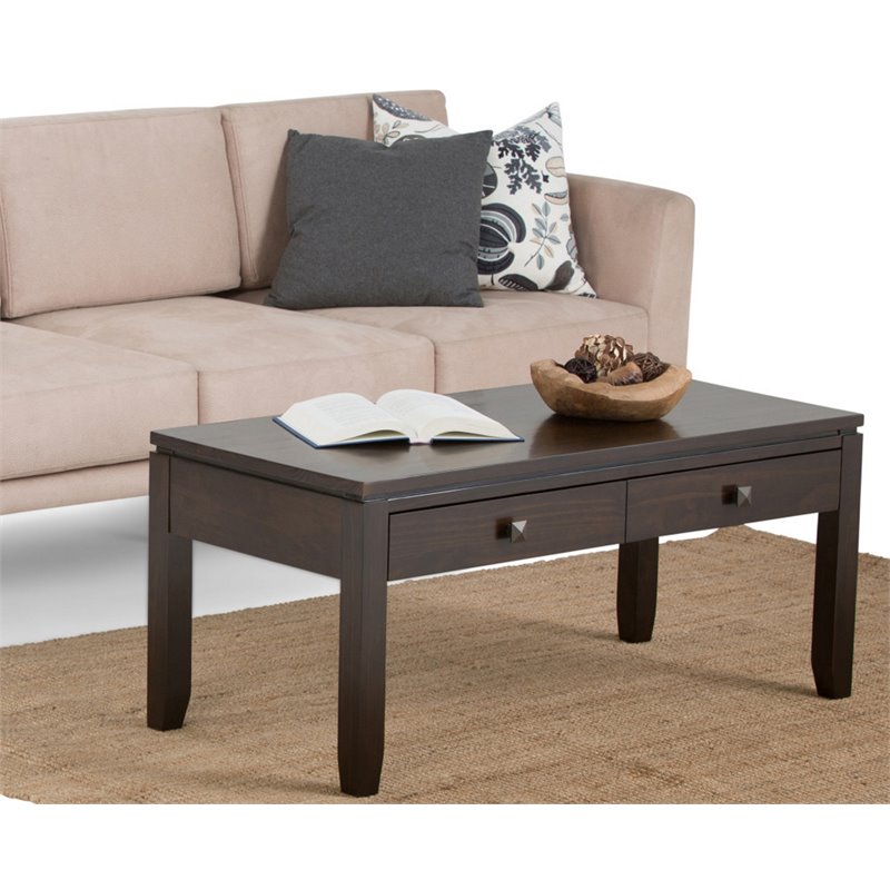 Pemberly Row Solid Wood Coffee Table with Drawers in Mahogany Brown
