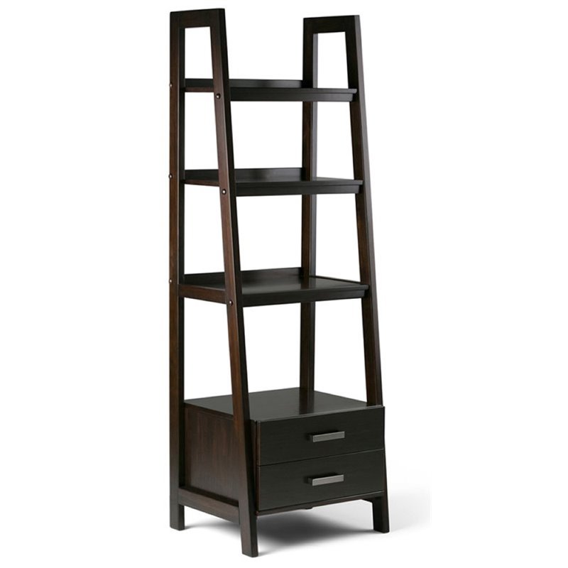 Pemberly Row 4-Shelf Ladder Bookcase with Drawers in Medium Saddle Brown