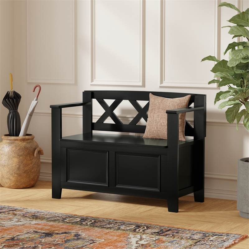 Pemberly Row Solid Wood 36 inch Entryway Storage Bench in Black