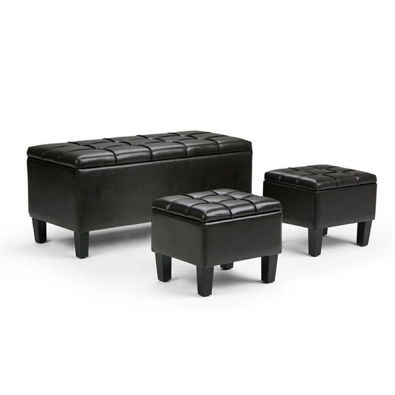 Pemberly Row Faux Leather 3-Piece Storage Ottoman Set in Brown