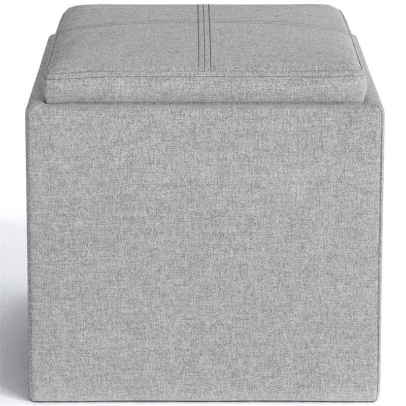 Pemberly Row Square Linen Fabric Storage Ottoman with Tray in Cloud Gray