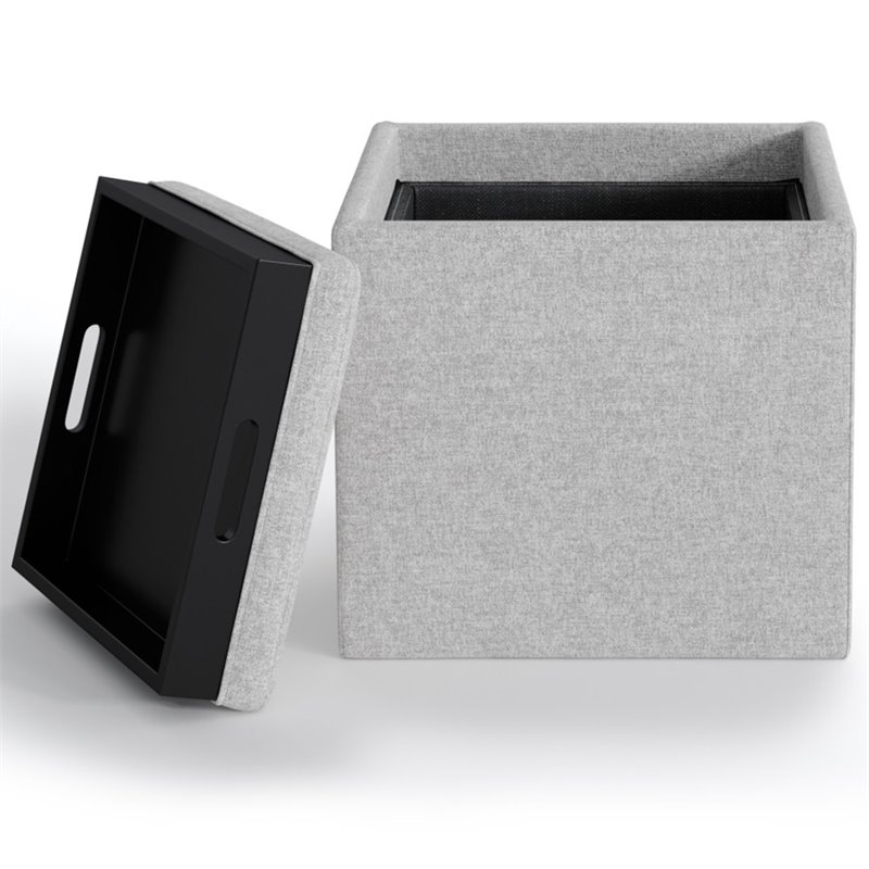 Pemberly Row Square Linen Fabric Storage Ottoman with Tray in Cloud Gray