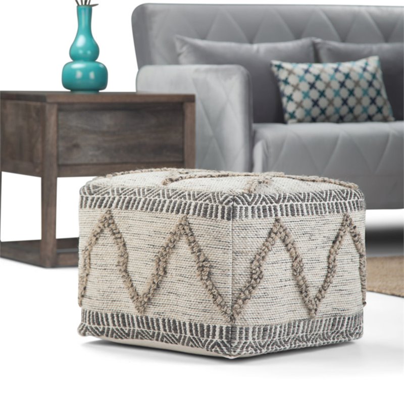 Pemberly Row Boho Square Pouf in Gray and Natural Handloom Woven Pattern