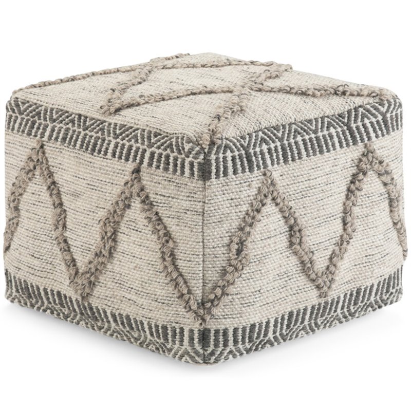 Pemberly Row Boho Square Pouf in Gray and Natural Handloom Woven Pattern