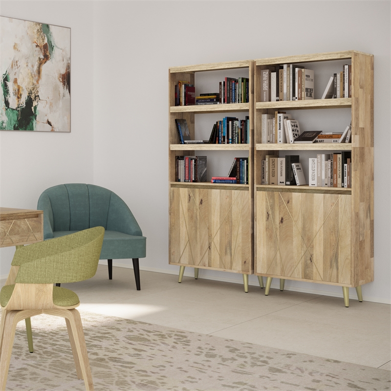 Pemberly Row Solid Mango Wood Bookshelf with Doors in Natural
