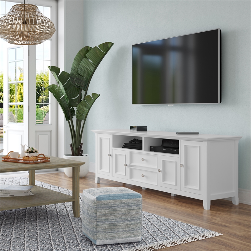Pemberly Row 72 inch Solid Wood TV Stand in White for TVs up to 80
