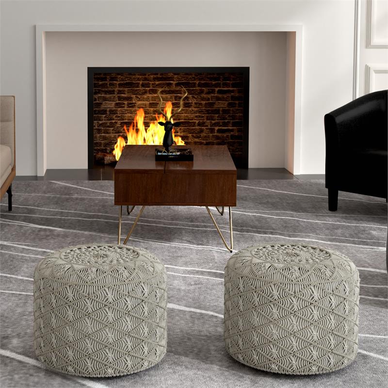 Pemberly Row Contemporary Round Macrame Pouf in Cloud Gray Cotton