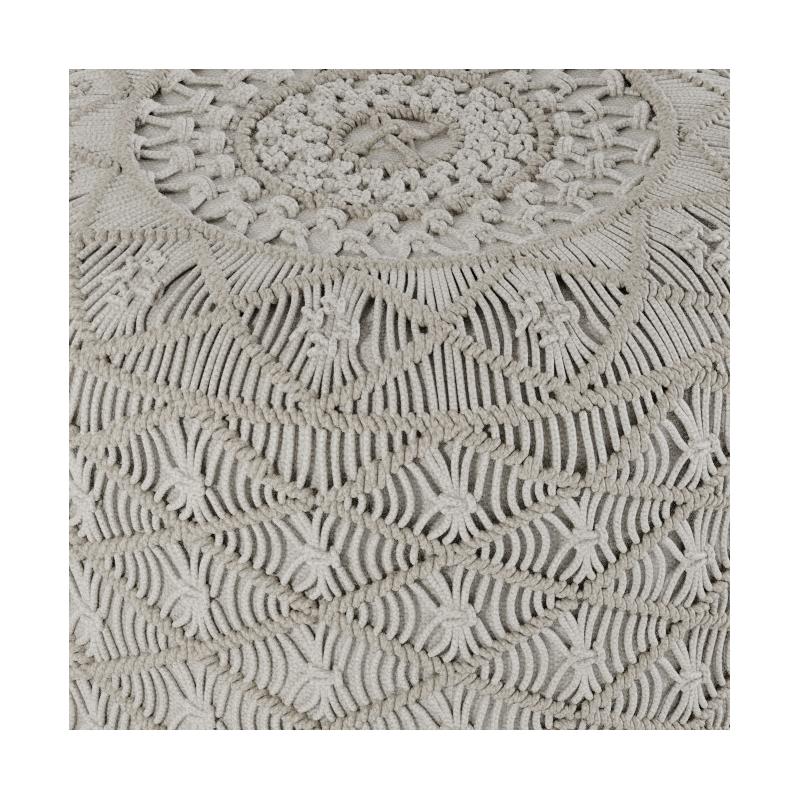 Pemberly Row Contemporary Round Macrame Pouf in Cloud Gray Cotton