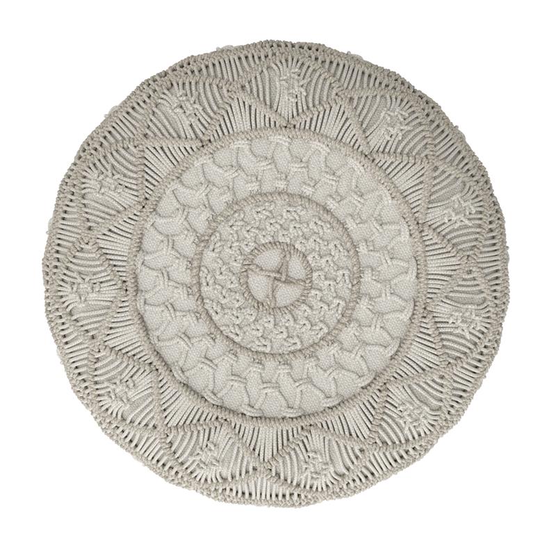 Pemberly Row Contemporary Round Macrame Pouf in Cloud Gray Cotton