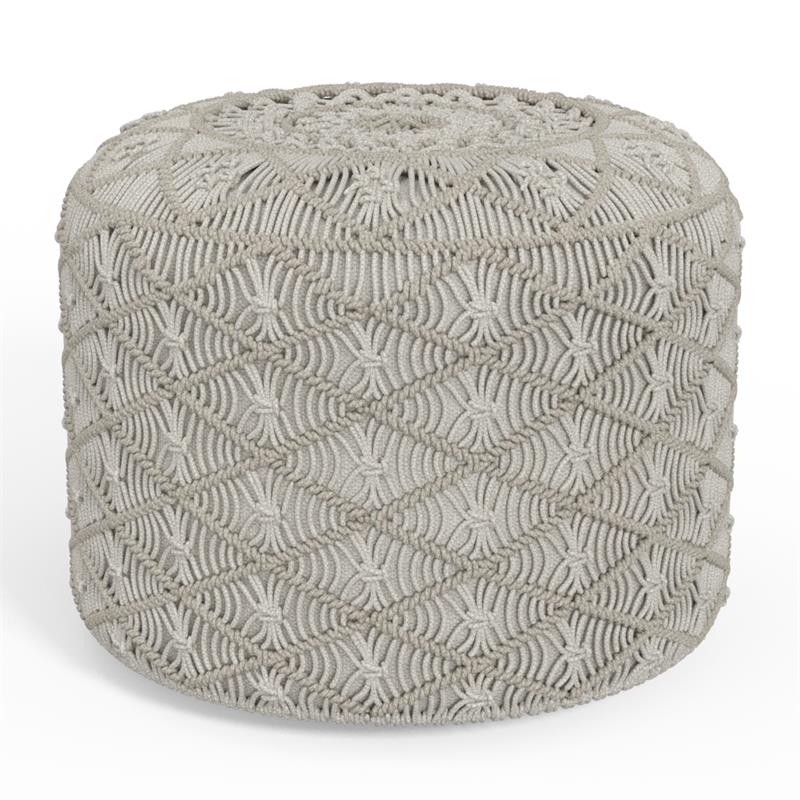 Pemberly Row Contemporary Round Macrame Pouf in Cloud Gray Cotton