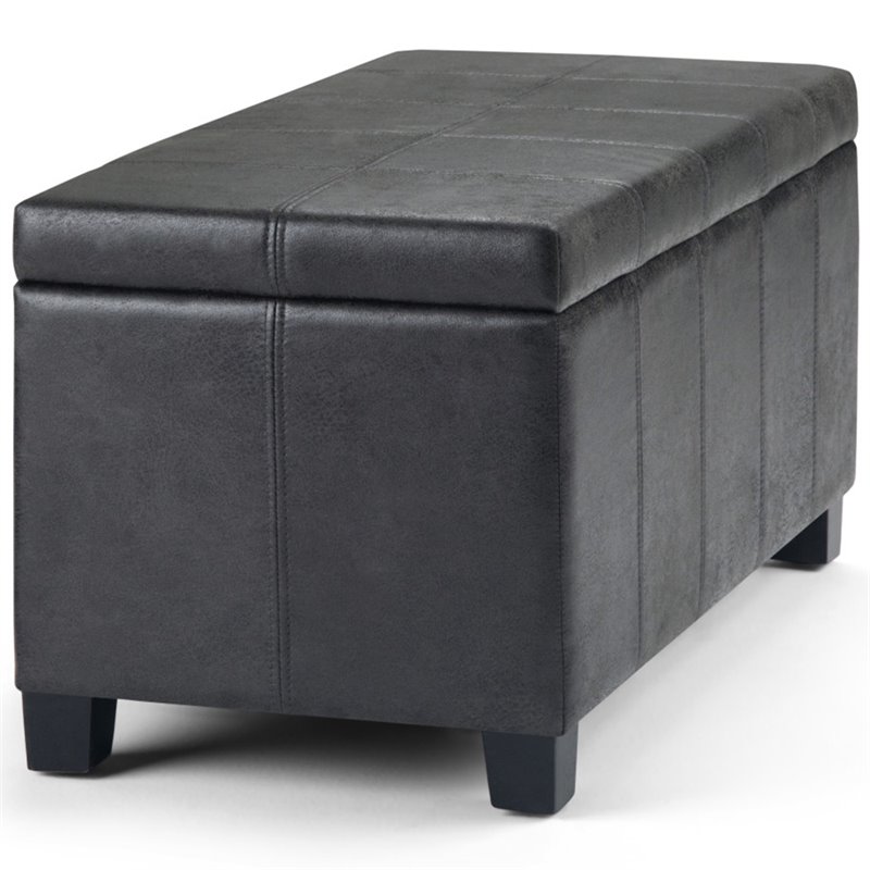Pemberly Row Faux Leather Storage Ottoman Bench in Distressed Black