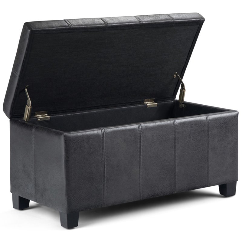 Pemberly Row Faux Leather Storage Ottoman Bench in Distressed Black