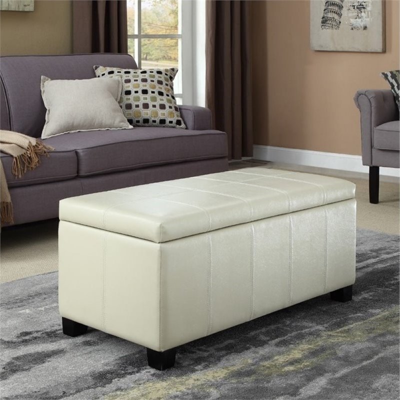 Pemberly Row Contemporary Rectangle Faux Leather Storage Bench in Cream