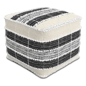 Pemberly Row Boho Square Indoor Outdoor Pouf in White and Black