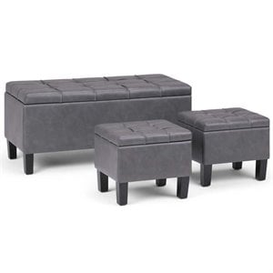 Pemberly Row 3 Piece Faux Leather Storage Bench in Stone Gray