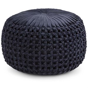 Pemberly Row Boho Round Pouf Ottoman Seat in Navy Velvet Fabric
