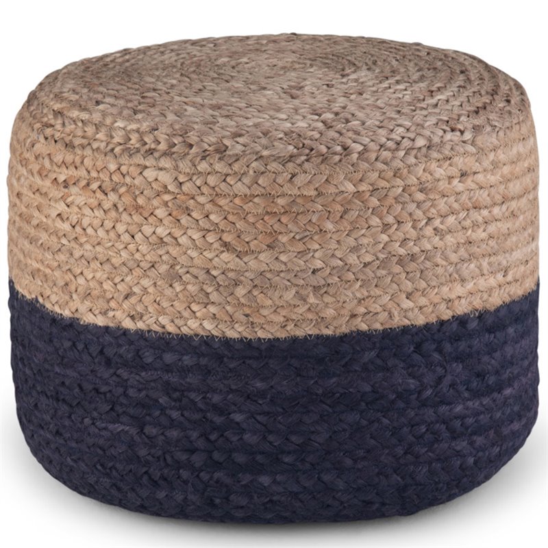 Pemberly Row Boho Round Braided Jute Pouf in Navy and Natural