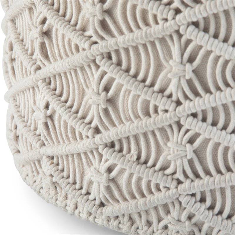 Pemberly Row Boho Round Macrame Pouf Ottoman in Natural Cotton
