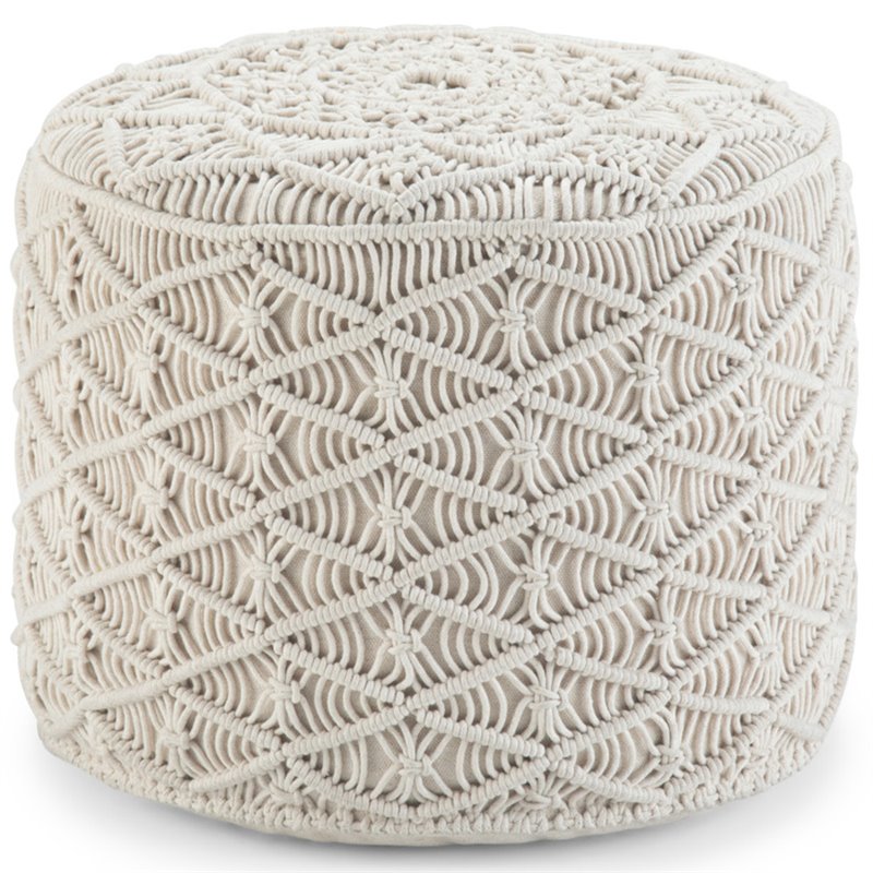 Pemberly Row Boho Round Macrame Pouf Ottoman in Natural Cotton