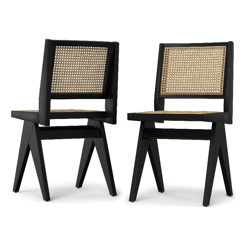 Pemberly Row Contemporary Rattan Dining Chair Set of 2 in Black