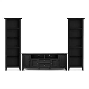 Pemberly Row Solid Wood 72&quot TV Stand with 2 Bookcases Set of 3 in Black