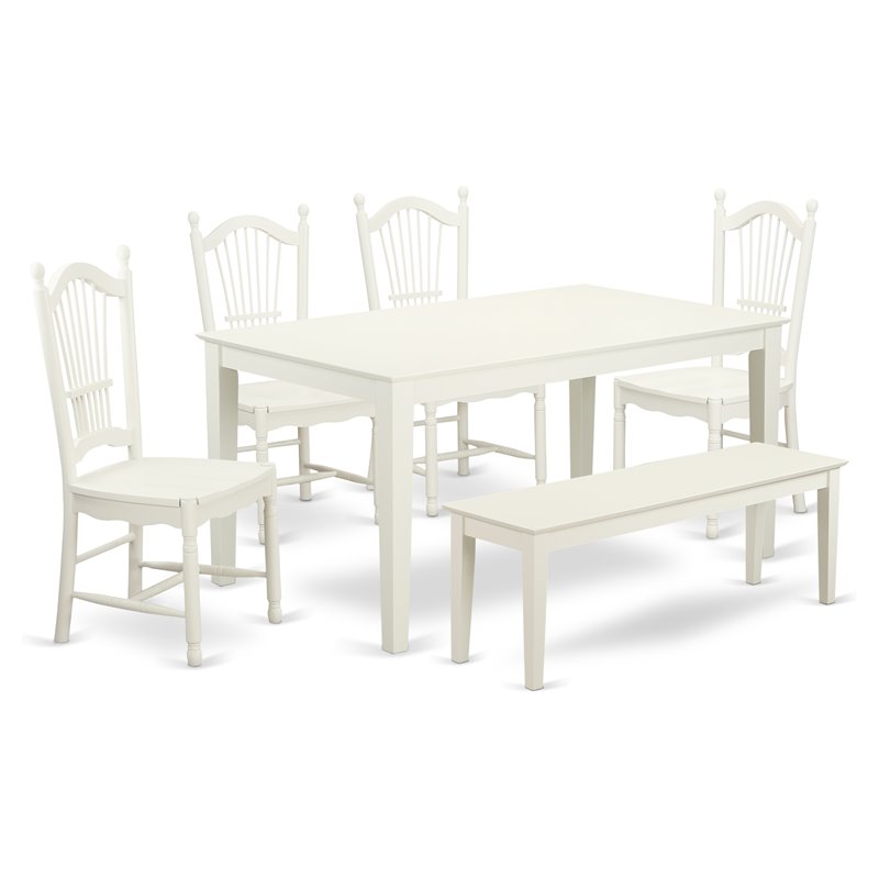 Pemberly Row 6-Piece Wood Dining Set with Bench in Linen White