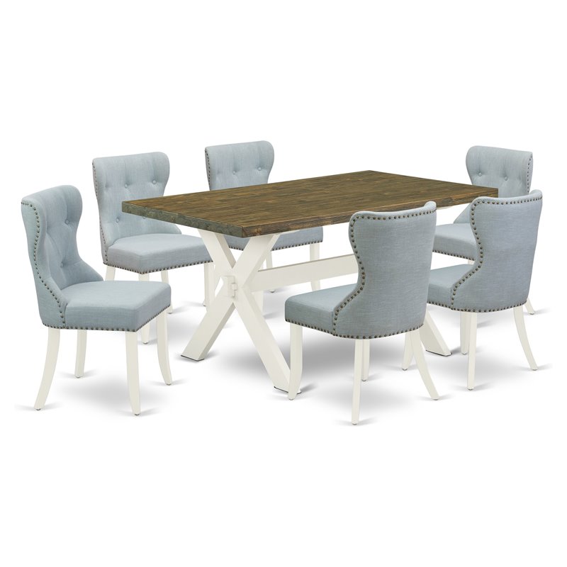 Pemberly Row 7-Piece Wood Dining Set in White/Baby Blue/Jacobean