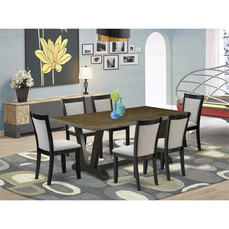 Pemberly Row 7-Piece Mid-Century Wood Dining Set in Black/Gray/Jacobean
