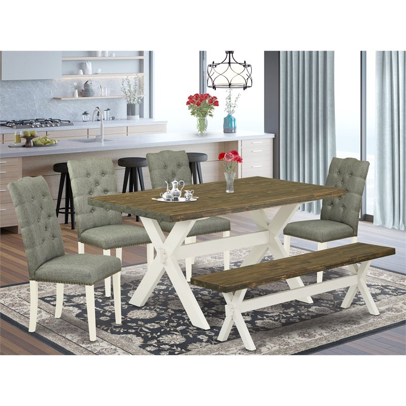 Pemberly Row 6-Piece Wood Dining Set with Bench in Linen White/Smoke