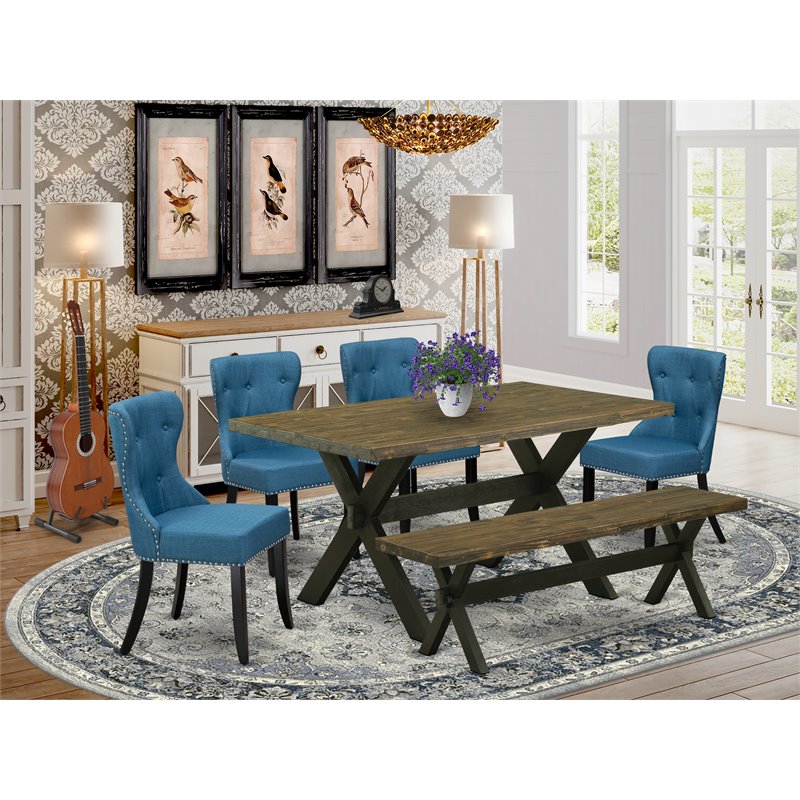 Pemberly Row 6-Piece Wood Dining Set with Bench in Jacobean/Black/Blue