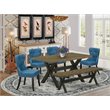 Pemberly Row 6-Piece Wood Dining Set with Bench in Jacobean/Black/Blue