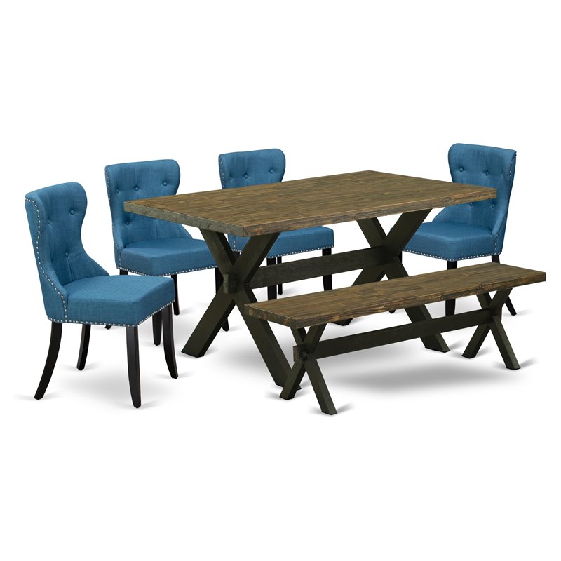 Pemberly Row 6-Piece Wood Dining Set with Bench in Jacobean/Black/Blue
