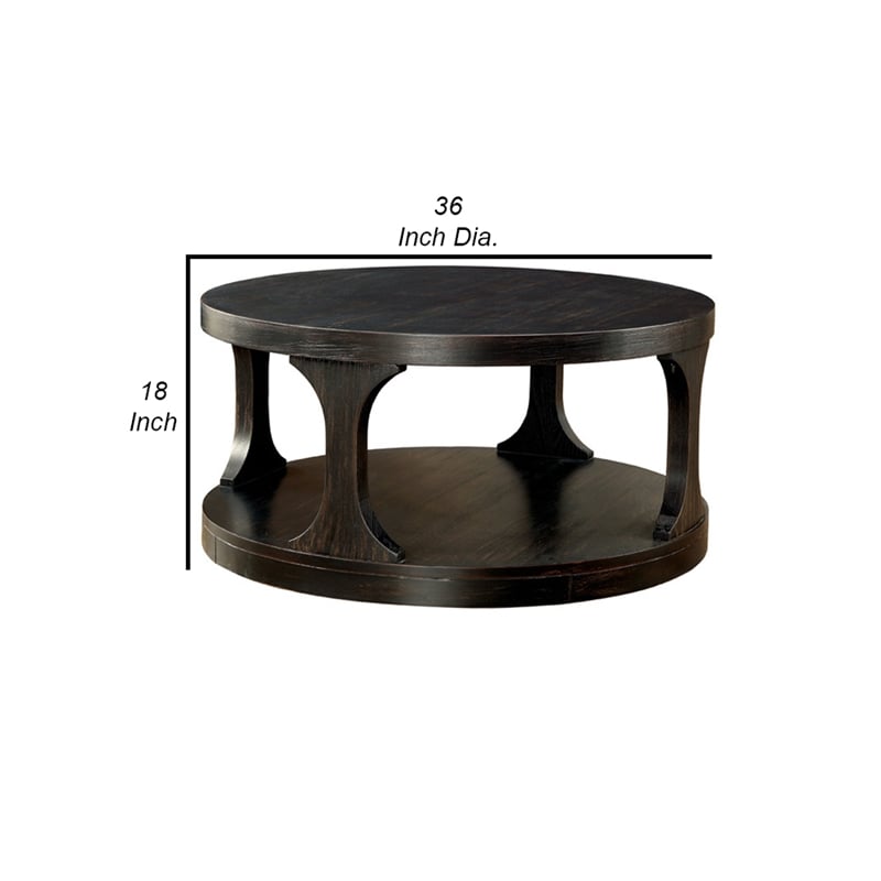 Pemberly Row Transitional Round Shelf Coffee Table in Antique Black