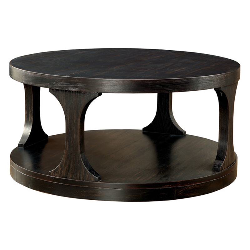 Pemberly Row Transitional Round Shelf Coffee Table in Antique Black