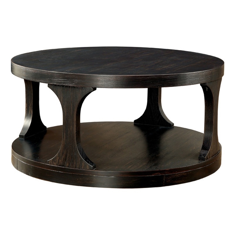 Pemberly Row Transitional Round Shelf Coffee Table in Antique Black