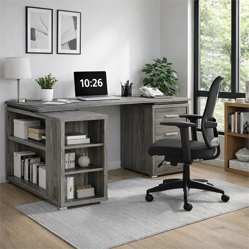 Pemberly Row Office Desk with File Cabinet and Reversible Return in Gray