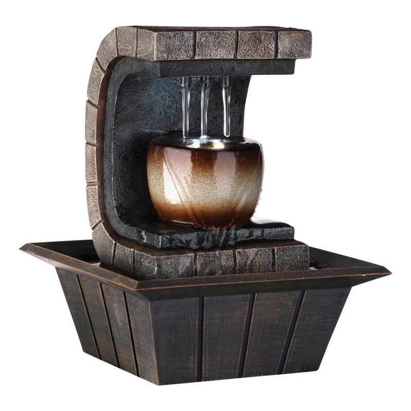 Pemberly Row C Shaped Polyresin 3 Pillar Fountain with LED Lights in Brown