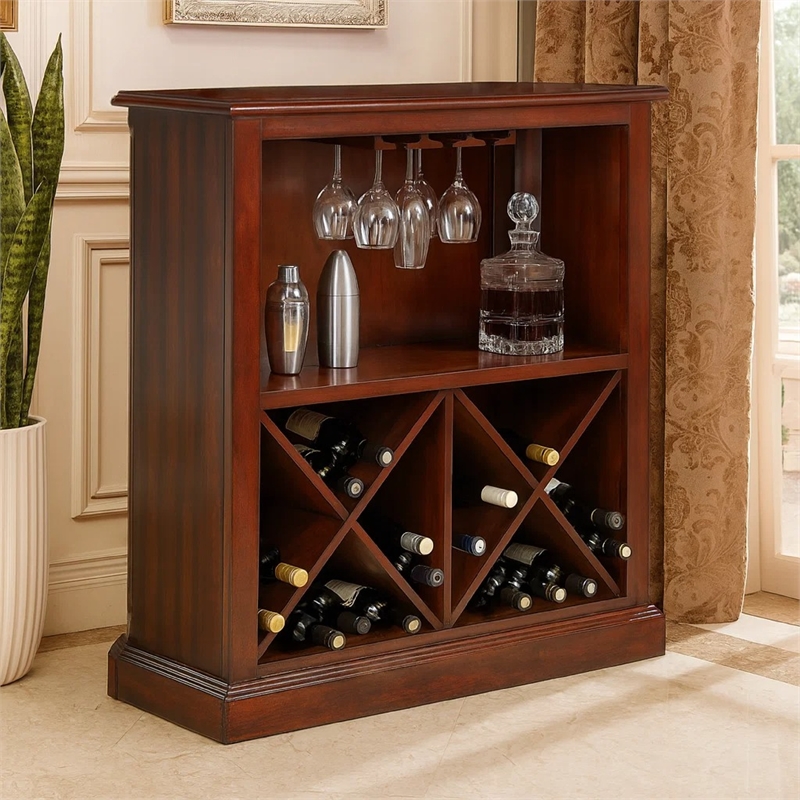 Pemberly Row Standing Bar Table Cabinet with Storage in Cherry Brown