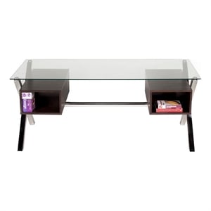 Pemberly Row 71&quot Office Desk with Glass Top and 4 Drawers in Dark Brown