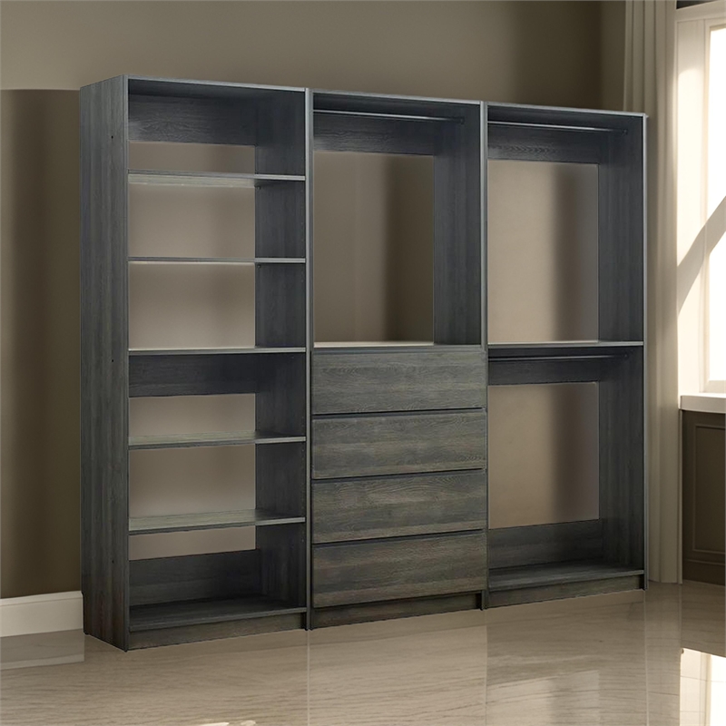 Pemberly Row Modular Closet with 4 Drawers and 5 Shelves in Dark Gray