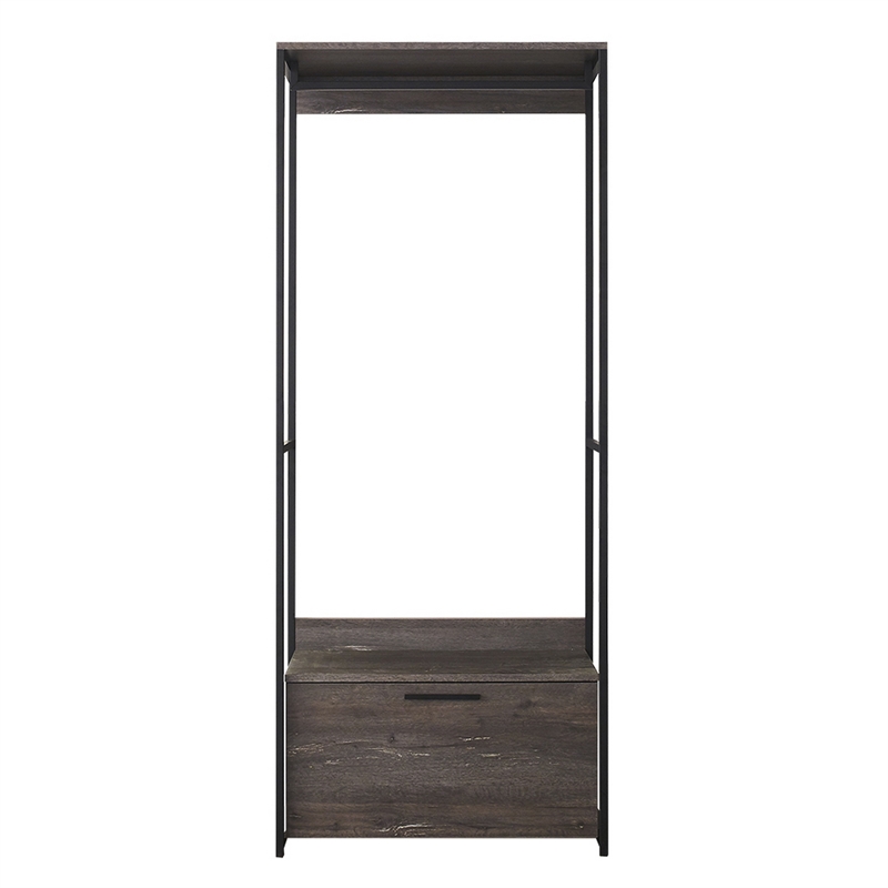 Pemberly Row Closet with Drawer and Hanging Rod in Rustic Gray/Black