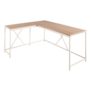 Pemberly Row L Shaped Corner Desk with White Metal X Frame in Oak Brown