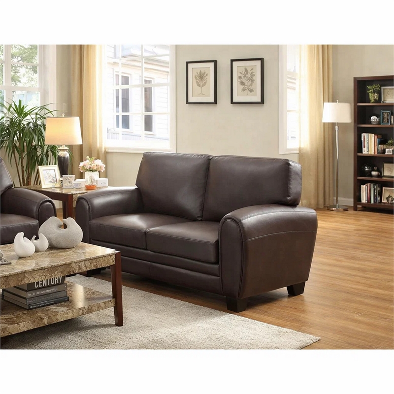 Pemberly Row Leatherette Love Seat with Tapered Legs in Dark Brown