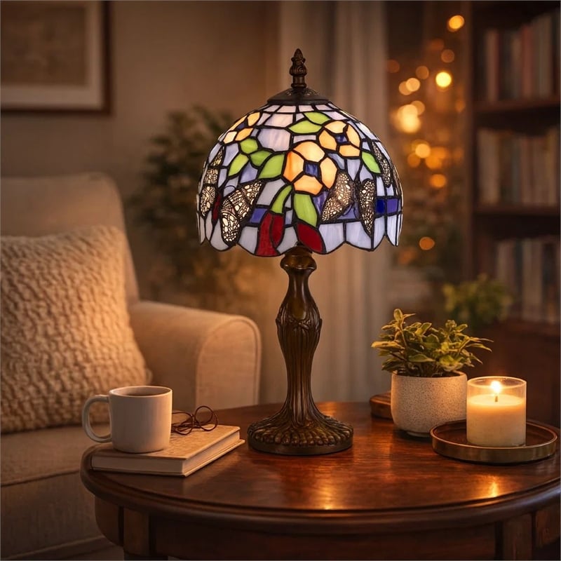 Pemberly Row Metal Table Lamp with Butterfly Design Shade in Multicolor