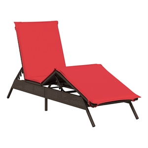 Pemberly Row PE Rattan Patio Sun Lounger with Cushion in Brown/Red