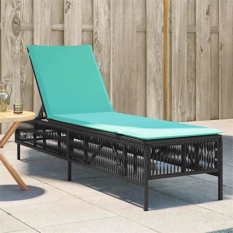 Pemberly Row PE Rattan Adjustable Patio Sun Lounger with Cushion in Black