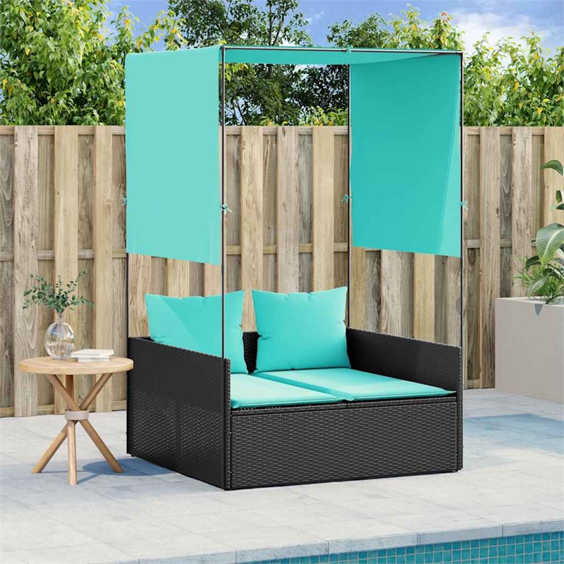 Pemberly Row PE Rattan Double Sun Lounger with Canopy and Curtains in Black
